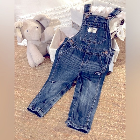 OSHKOSH Boy/Girl Style Oshkosh Blue denim Overalls embroidered patches NWOT - Picture 1 of 9
